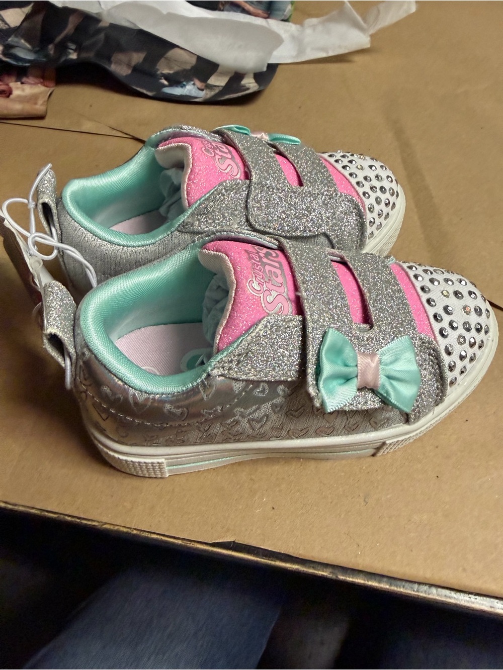 Skechers Girls Silver Glitter Sneakers with Pink and Mint Accents